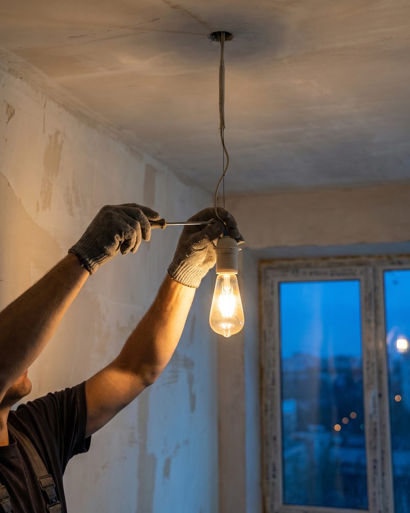 Električar u radnim rukavicama spaja žarulju na stropu; žarulja zasvijetli.